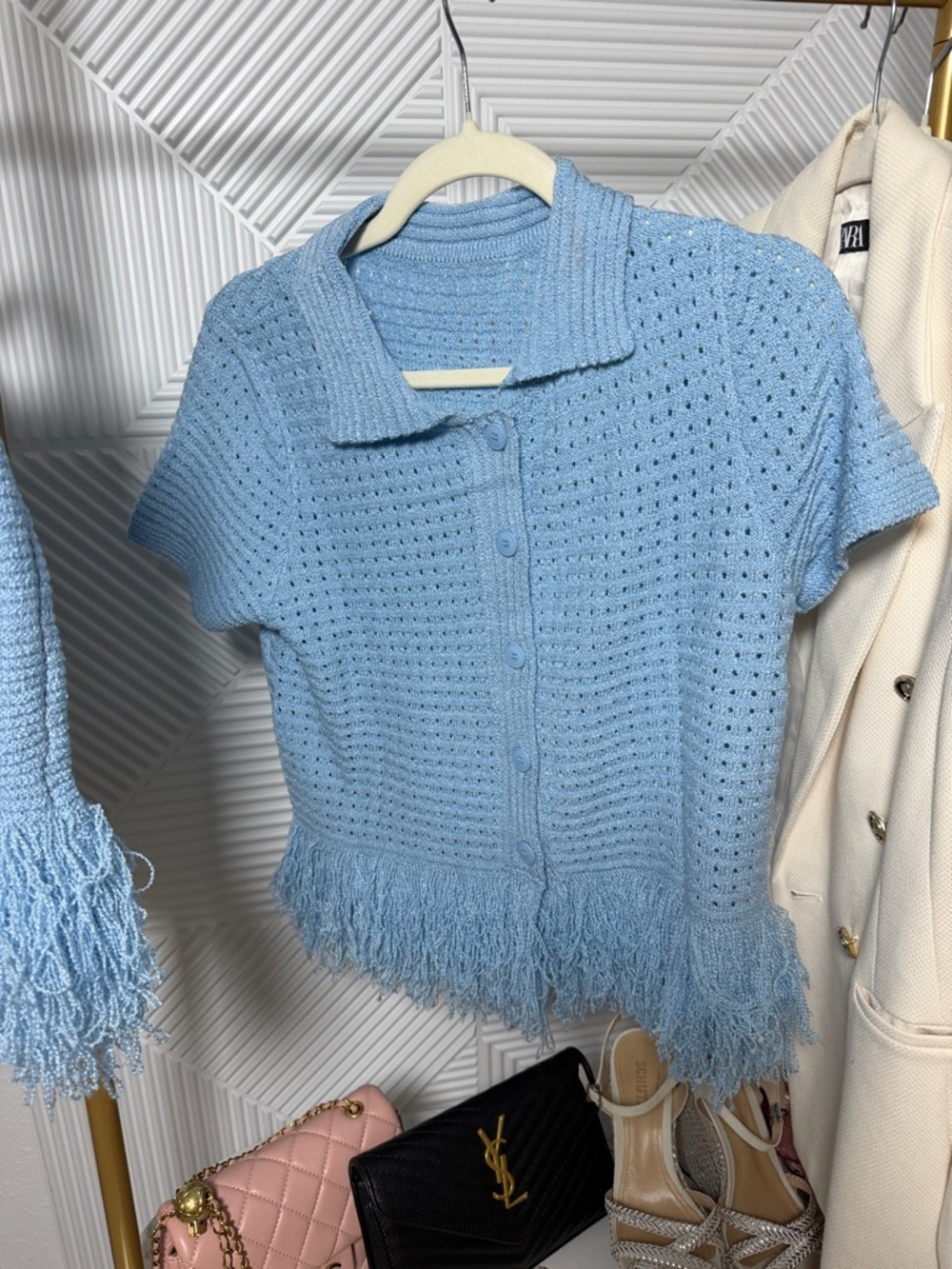 size S Blue Fringe Knit Short Dress - Women's Stylish Summer Dress - Picture 5 of 6